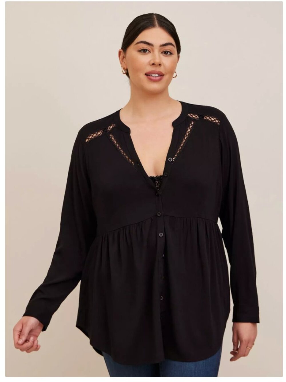 Torrid Black Emma Babydoll Rayon Slub Lace Trim Tunic Top- Size 3
